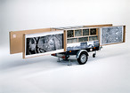 - Instant Exhibition - Year 2004 – i-ex Trailer
Dimensions: closed 280 x 145 x 165 cm / open 650 x 145 x 155 cm. Material: steel frame construction, wood. Weight: . Perm. total weight: 750 kg. Volume: 3400 l.